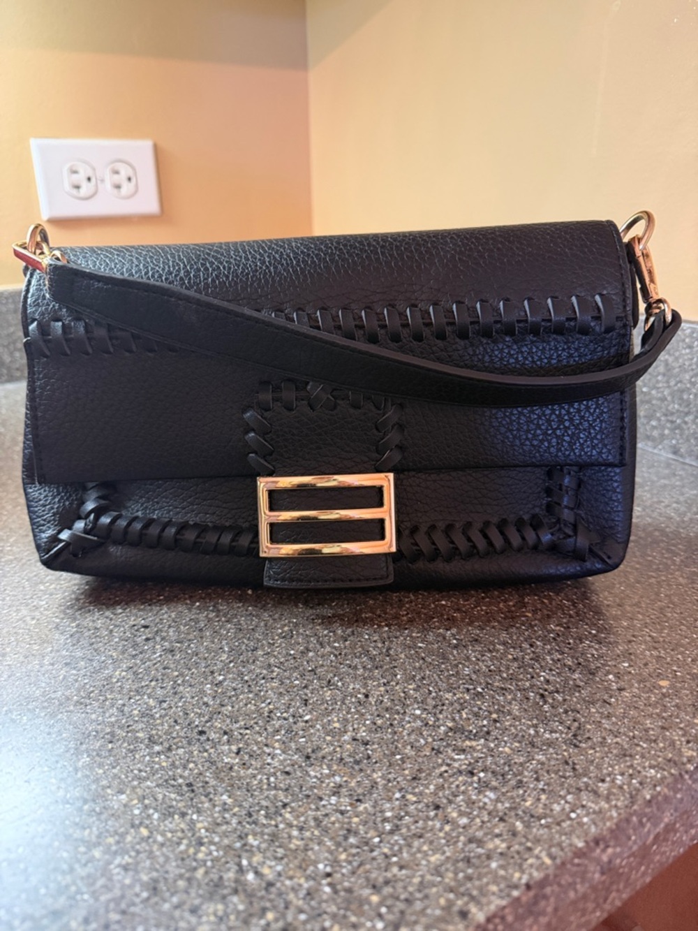 Black Italian Leather Shoulder Bag with Gold Accent